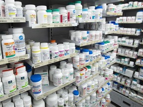 Prescription drugs are seen on shelves at a pharmacy in Montreal on March 11, 2021. Nova Scotia's College of Physicians and Surgeons has suspended the physician responsible for writing thousands of prescriptions for Americans seeking the diabetes and weight-loss drug Ozempic.