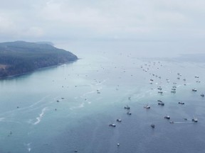 Boats are shown in Union Bay, BC in this undated image taken from drone video.