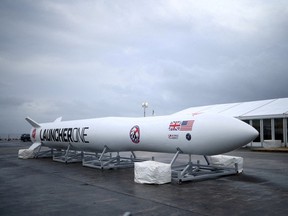 A replica model of Virgin Orbit's LauncherOne rocket sits in a media area ahead of UK's First launch at Newquay Airport in Newquay, Britain, January 8, 2023. REUTERS/Henry Nicholls