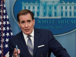 John Kirby, U.S. National Security Council co-ordinator for strategic communications, answers questions during the daily press briefing at the White House in Washington on April 10, 2023.