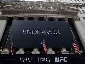 The Endeavor Group Holdings Inc. (EDR) logo hangs from the New York Stock Exchange on the morning of its public listing at the NYSE in New York City, U.S., April 29, 2021.