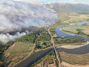 A aerial shot of the Teare Creek wildfire, which the B.C. Wildfire Service says is burning in steep, challenging terrain. It is identified as a wildfire of note that is out of control.