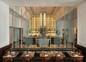 Verdigris screen at Le Rock restaurant, in Rockefeller Plaza, New York, by New Format Studio.