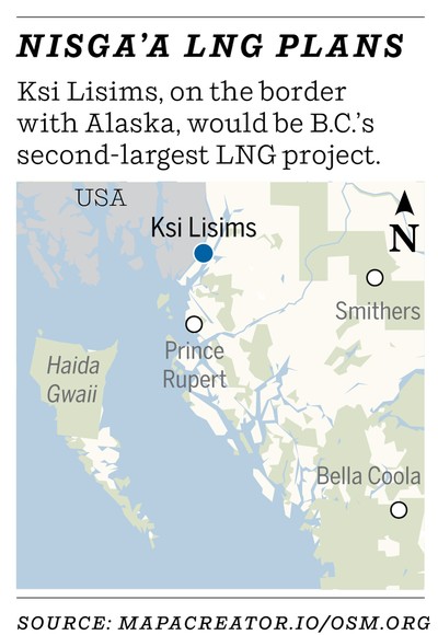 Map shows Ksi Lisims project location, north of Prince Rupert, on the border of Alaska.
