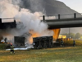 A truck hit the overpass above Highway 1