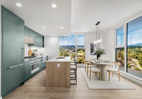 Artistic renderings of a kitchen and dining area in a residence at Century City Holland Park in Surrey Centre.