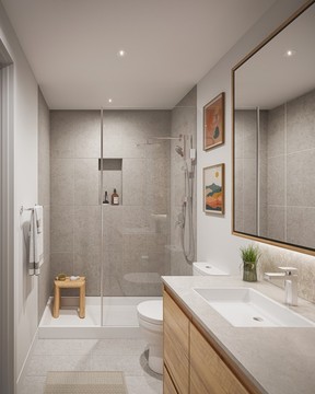 Artistic renderings of a bathroom in a residence at Century City Holland Park in Surrey Centre.