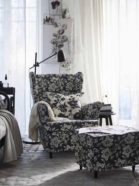 New Strandmon wingback chair cover in romantic black and white florals by Ikea.