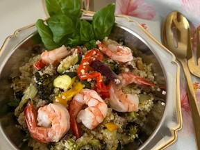 Quinoa salad with roasted vegetables and shrimp.