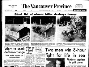 Photos from an atomic bomb blast in Doom Town, Nevada, adorned the front page of the May 6, 1955, Vancouver Province.
