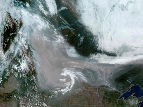 This image obtained from the National Oceanic and Atmospheric Administration shows smoke from wildfires in Canada moving east on May 20, 2023.