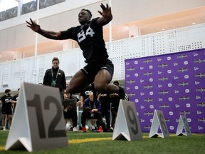 Francis Bemiy (84) takes part in the second day of the CFL Combine in Edmonton, Thursday March 23, 2023. Photo by David Bloom