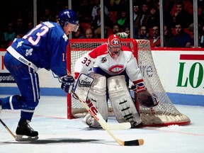 Canadiens goaltender Patrick Roy defends against Mats Sundin of the Quebec Nordiques during a 1991 game at the Montreal Forum. "I would love to see the Nordiques back in Quebec," writes Jack Todd. "In the days before they left, they were my favourite assignment — with Joe Sakic and Peter Forsberg, their practices were more fun to watch than Canadiens games."