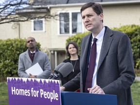 B.C. Premier David Eby speaks at a press conference on housing in Victoria on April 3, 2023.