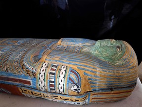 A newly discovered sarcophagus is displayed at the Saqqara necropolis, where archeologists unearthed two human and animal embalming workshops as well as two tombs, south of Cairo on May 27, 2023.