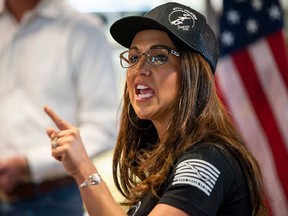 Lauren Boebert speaks during a Second Amendment Rally in 2021 at a gun store in Midland, Texas.