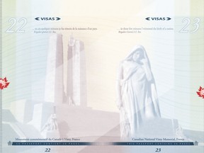The watermarked image of the Vimy Ridge First World War memorial in in the former Canadian passport.