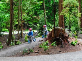 Children play on the bike track amid hiking trails at Alice Lake provincial park in Squamish.