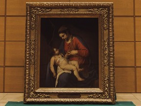 This handout picture provided by the Polish Institute in Tokyo on Wednesday, May 31, 2023 shows the precious 16th century baroque painting 'Madonna with Child' attributed to Alessandro Turchi, which was looted from a private Polish collection by Nazi Germany during World War II, and has been found in Japan and returned to Polish ownership.