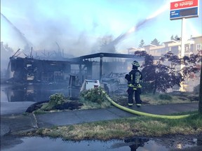 Fire destroyed the Esso Gas Station on Anderton Road in Comox after a driver struck a fuel pump Saturday evening.