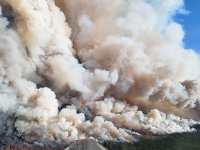 The Donnie Creek wildfire (G80280) burns in an area between Fort Nelson and Fort St. John, B.C. in this undated handout photo. The Peace River Regional District issued a new evacuation order as well as an alert Sunday in response to two wildfires burning in northeastern British Columbia.