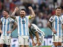 Lionel Messi of Argentina celebrates his team's 3-0 win in the FIFA World Cup Qatar 2022 semifinal between France and Morocco at Al Bayt Stadium on Dec. 14 in Al Khor.