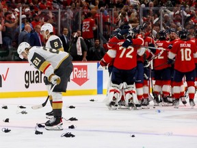 Brett Howden #21 of the Vegas Golden Knights reacts after Carter Verhaeghe #23 of the Florida Panthers scores the game-winning goal during the first overtime period in Game Three of the 2023 NHL Stanley Cup Final at FLA Live Arena on June 08, 2023 in Sunrise, Florida.