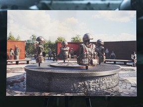 An artist rendering of the new national monument to Canada's mission in Afghanistan is pictured during an announcement at the Canadian War Museum in Ottawa on June 19, 2023.