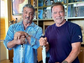 Sylvester Stallone and Arnold Schwarzenegger as seen together in an Instagram post.