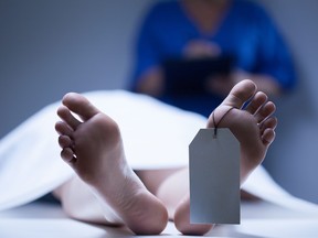 Closeup of feet with toe tag of dead body in morgue.