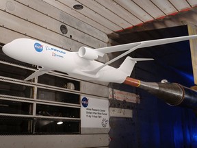 Seen here in a California wind tunnel is an aircraft design developed by NASA and Boeing for the transonic truss-braced wing design.