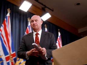 Minister of Public Safety Mike Farnworth speaks during a news conference in Victoria, B.C., on Friday, April 28, 2023. British Columbia has agreed to give Canada's border agency more time to come up with an alternative to holding immigration detainees in the province's correctional centres, almost a year after the decision to end the practice.