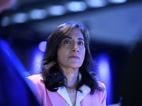 Defence Minister Anita Anand looks on after making a keynote address at the CANSEC trade show in Ottawa, on Wednesday, May 31, 2023.