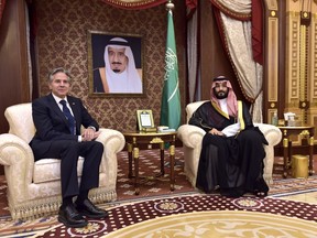 Saudi Arabia's Crown Prince Mohammed bin Salman, left, meets with U.S. Secretary of State Antony Blinken in Jeddah, Wednesday, June 7, 2023. Blinken arrived in Saudi Arabia Tuesday on a trip to strengthen strained ties with the long-time ally as the oil-rich kingdom forges closer