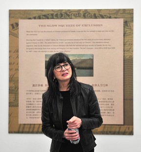 Researcher Catherine Clement at an exhibition commemorating 100 years since the passing of Canada's 1923 Chinese Exclusion Act.