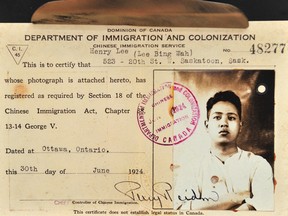 One of the much-hated Chinese Immigration forms, on display in the exhibit commemorating 100 years since the passing of Canada's 1923 Chinese Exclusion Act at the Chinese Canadian Museum in Vancouver.