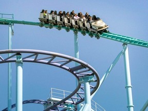 This file photo taken on April 22, 2014 shows visitors taking a ride in a carriage of the Jetline roller coaster at the Grona Lund amusement park in Stockholm, Sweden.