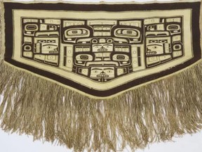 A Chilkat blanket, created in a Tlingit community in the 1800s, is seen in an undated handout photo. A man who is helping return the 140-year-old robe to the British Columbia First Nation where it was created says it's as if the regalia called out to its people and they are bringing it home.