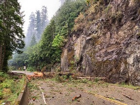 Debris is strewn across Highway 4 on Vancouver Island in a Tuesday, June 13, 2023, handout photo. Highway 4 on Vancouver Island was reopening Friday afternoon after being closed for more than two weeks over wildfire concerns.