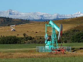 Oilfield pumpjacks near Longview, Alberta on Sept. 10, 2020.