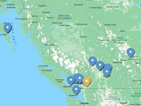 Map shows the location of drowning deaths in B.C. as of July 20, 2023.