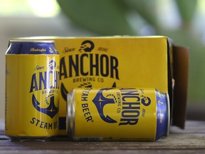 Cans of Anchor Steam beer are displayed on July 12, 2023 in San Anselmo, California.