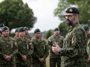Lieutenant-Colonel Kurt Grimsrud, Task Force Commander, Operation UNIFIER addresses Canadian Armed Forces members upon completion of Rotation 15 of Operation UNIFIER on July 03, 2023 in the United Kingdom.