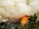 Flames from the Donnie Creek wildfire burn along a ridge top north of Fort St. John, B.C. on Sunday, July 2, 2023. 