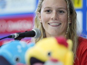 Summer McIntosh of Canada smiles during a press conference at the World Swimming Championships in Fukuoka, Japan, Friday, July 21, 2023.
