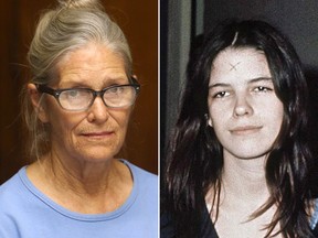 Leslie Van Houten at a parole hearing in 2017, and during her murder trial in 1971.