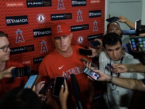 Los Angeles Angels manager Phil Nevin of the speaks with the media after a 4-1 loss to the Toronto Blue Jays at Rogers Centre on July 28, 2023 in Toronto.