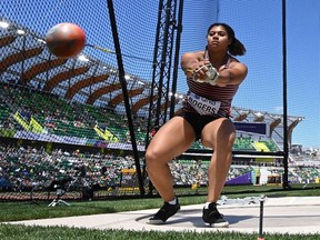 Camryn Rogers competes in the women's hammer throw final during the World Athletics Championships in Eugene, Ore. in 2022.