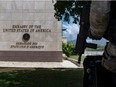 Haitian security personnel guard the US Embassy in Port-au-Prince on April 29, 2019.