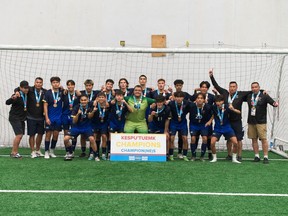 Halifax -- July 21, 2023: B.C.'s under-19 men's soccer team poses for a photo after winning the gold medal at the 2023 North American Indigenous Games. Submitted photo: Courtesy of NAIG 2023